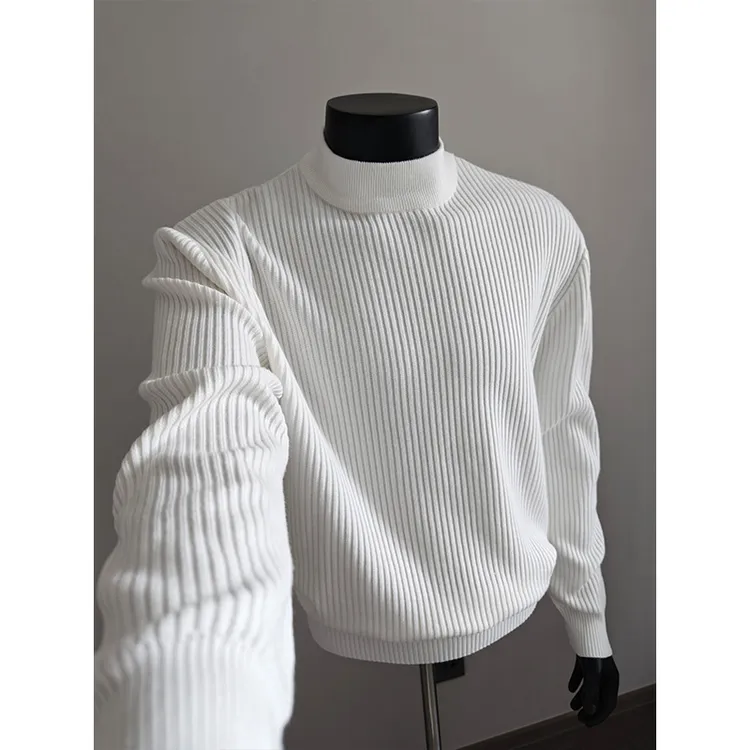 老钱风半高领毛衣男款春秋季坑条纹立领针织衫时尚休闲内搭打底衫