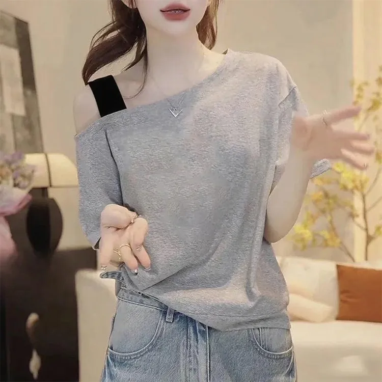 小众设计感字母印花短袖t恤女2025新款夏季洋气减龄吊带露肩上衣