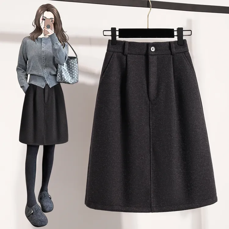 中裙五分毛呢半身裙秋冬胖MM大码女装高腰花包裙遮胯百搭A字裙