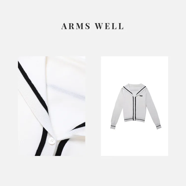 ARMS WELL王囡囡 白色撞黑色海军领字母绵羊毛长袖针织衫 S152
