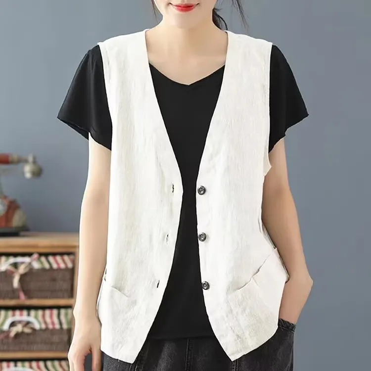 宽松V领外搭小背心复古马夹上衣纯色短款夏季百搭休闲无袖坎肩