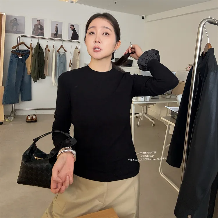 widelia春季7056韩版显瘦百搭打底衫拼接花边喇叭长袖修身纯色T恤