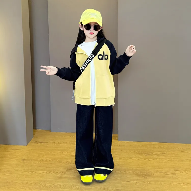 女童2025新款韩版洋气时尚运动春秋季休闲宽松外套阔腿牛仔裤套装