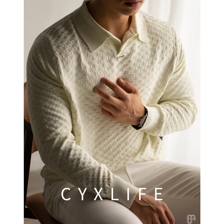 高级感穿搭~老钱风！保暖提花华夫格休闲海鸥领毛衣男士冬季厚款