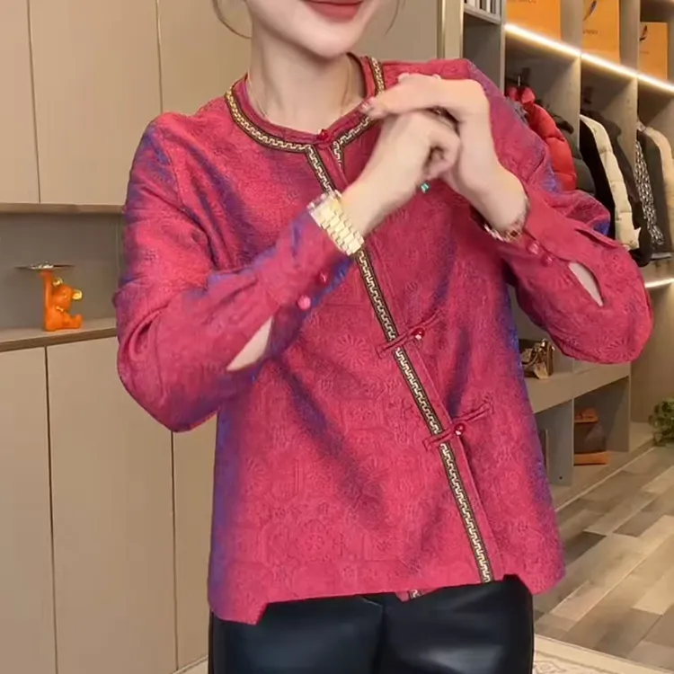 国风内搭上衣女新款时尚提花重工气质小衫宽松百搭圆领中式衬衣女