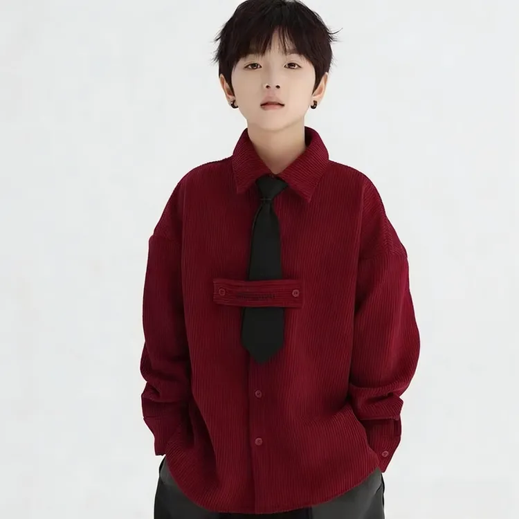 儿童秋冬装灯芯绒外套2026街舞新款红色中大童男女孩加绒衬衫上衣