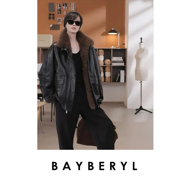 BAYBERYL老贝拉贡毛领插肩双口袋皮羽绒皮衣 PY5E2228-8/10