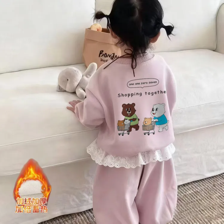 女童韩版常规秋季春秋秋季卡通卫衣套装冬季加厚女宝运动儿童休闲