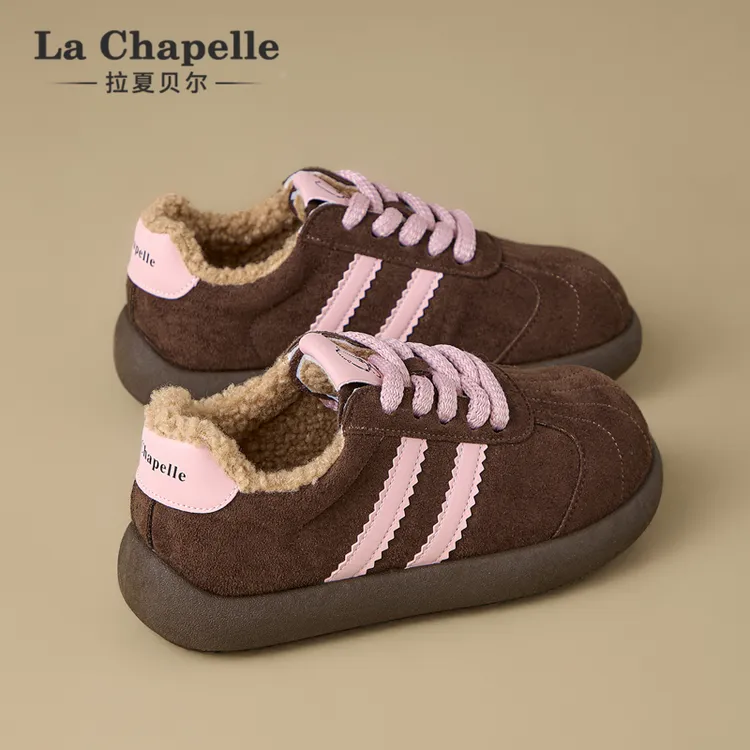 拉夏贝尔复古德训鞋女2025新款冬季加绒保暖轻便百搭休闲运动板鞋