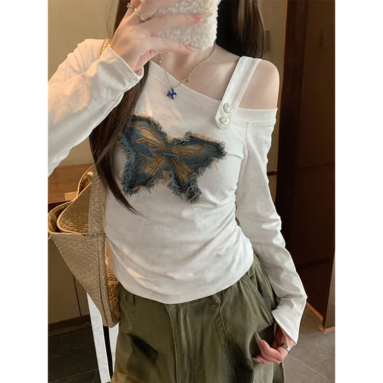秋冬美式复古蝴蝶贴布露肩长袖T恤女秋季小众设计感辣妹斜肩上衣