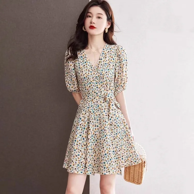 苏陌碎花v领系带连衣裙雪纺碎花新款夏气质小个子高端女裙子