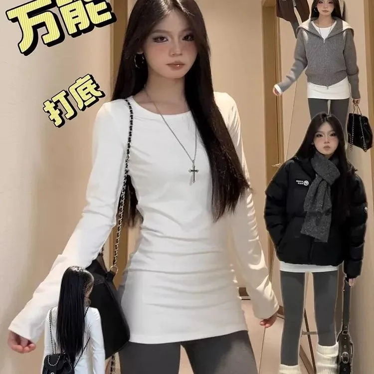 白色中长款长袖t恤女2025新款春秋冬内搭外穿打底衫修身辣妹上衣