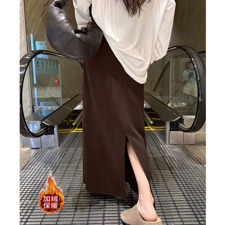 慵懒松弛感半身裙女秋冬薄绒款高腰显瘦垂感中长款后开叉a字长裙