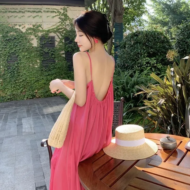 2025夏抹胸大露背超仙连衣裙旅游拍照长裙海边度假沙滩裙