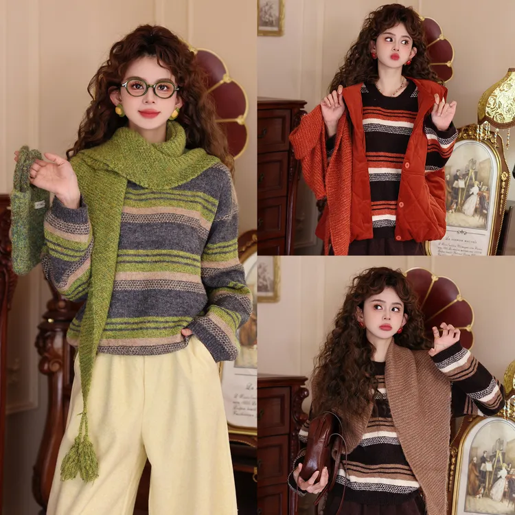 陈大器【雏菊山风】港风复古条纹休闲慵懒宽松毛衣针织衫JQ8253230