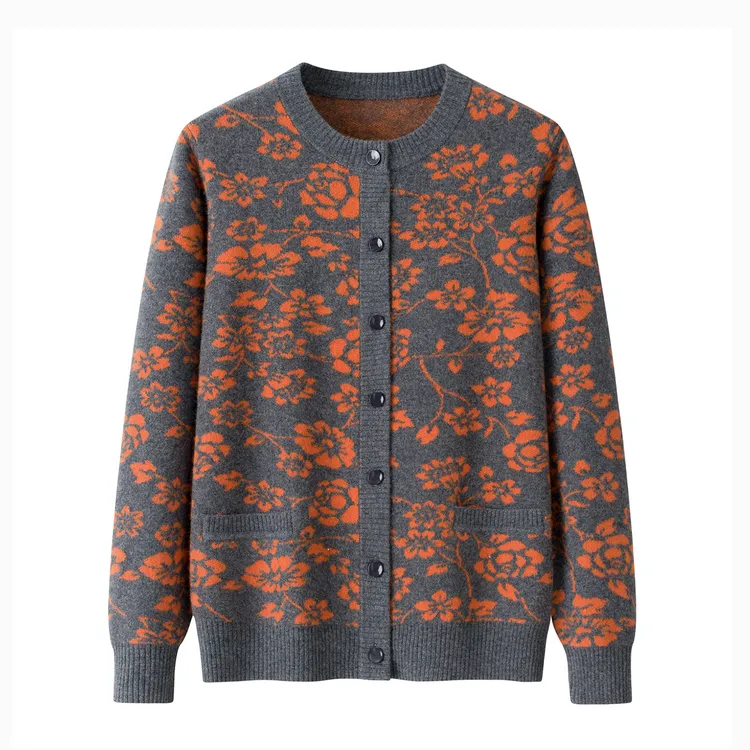 中老年女装2025秋冬新款提花加厚100纯羊毛衫女圆领开衫妈妈毛衣