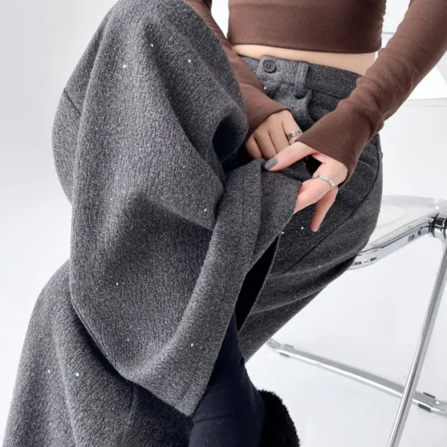 美式灰色亮片毛呢阔腿裤女秋冬加绒加厚高级感垂感直筒休闲拖地裤