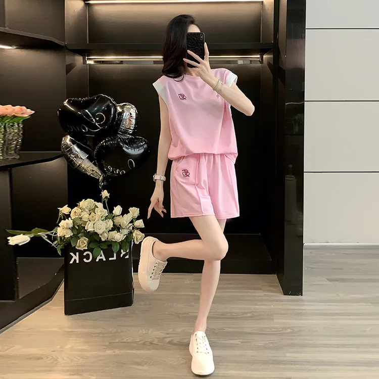 粉色多巴胺洋气时尚休闲运动套装女夏季新款宽松大板减龄显瘦薄款