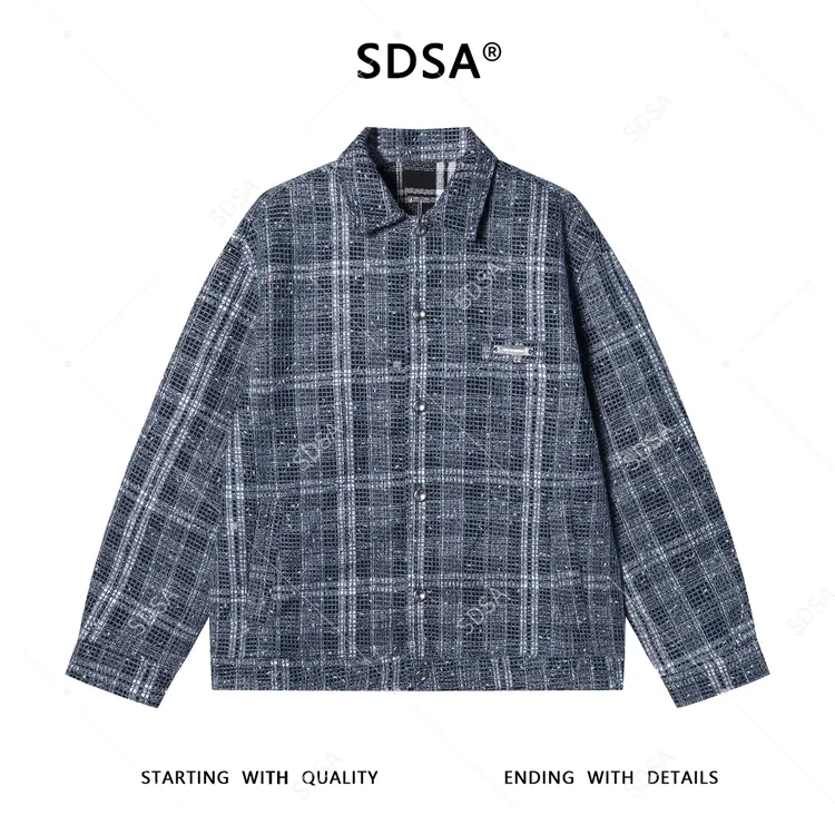 SDSA男士秋冬新款痞帅男装潮牌网格格纹设计纽扣翻领夹克百搭时尚