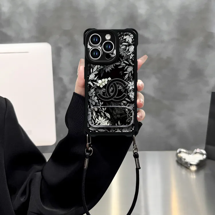 黑白花丛适用苹果vivo华为oppo小米iPhone16四角挂绳皮纹手机壳