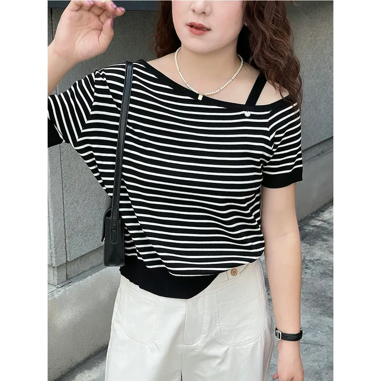 WenWen小个子韩系条纹斜肩设计感短袖T恤2025夏季时尚上衣3634