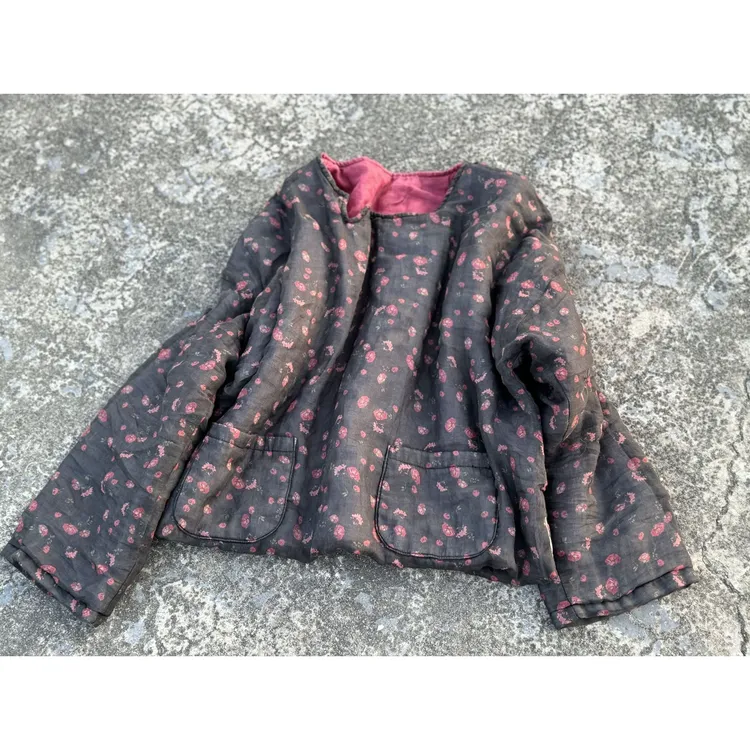 Z4393高支高密轻薄苎麻印花夹棉女装宽松短款棉衣森系休闲棉服