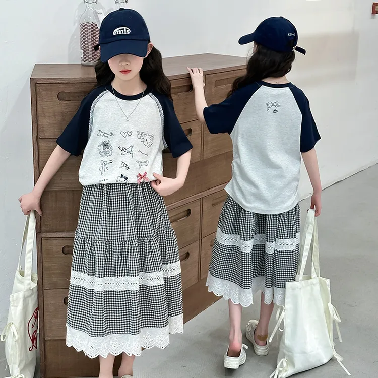 女童短袖夏季拼色T恤2025新款韩系中大童卡通洋气纯棉儿童打底衫