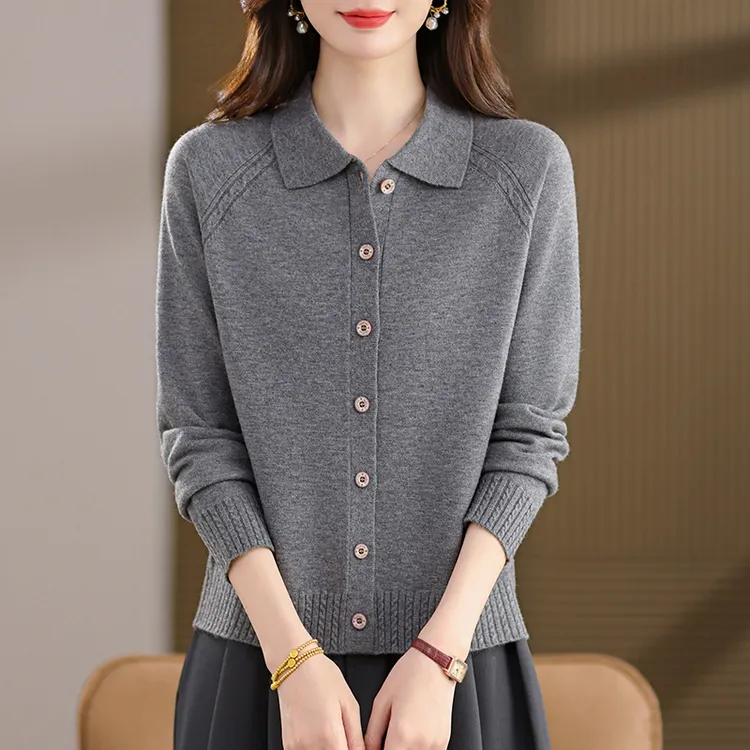 羊毛针织衫开衫外套妈妈上衣秋装2025年新款女装春秋翻领毛衣外搭