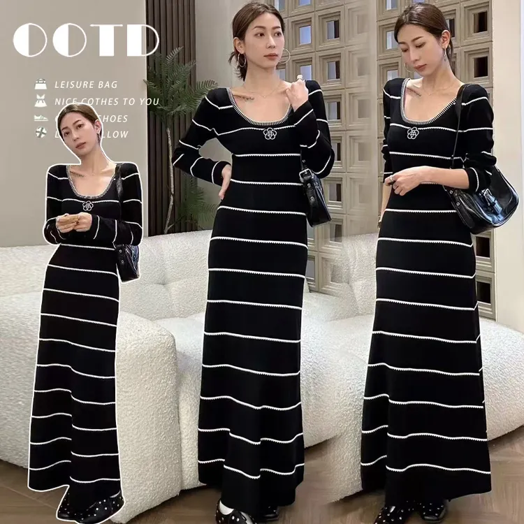 时尚孕妇装2025早秋新款条纹拖地长裙手工刺绣绣花朵连衣裙