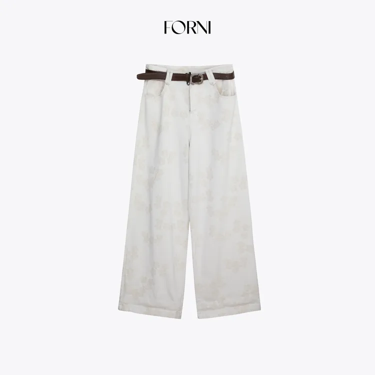 FORNI 花间集 买手店私服重工纯手工刺绣花朵阔腿牛仔裤