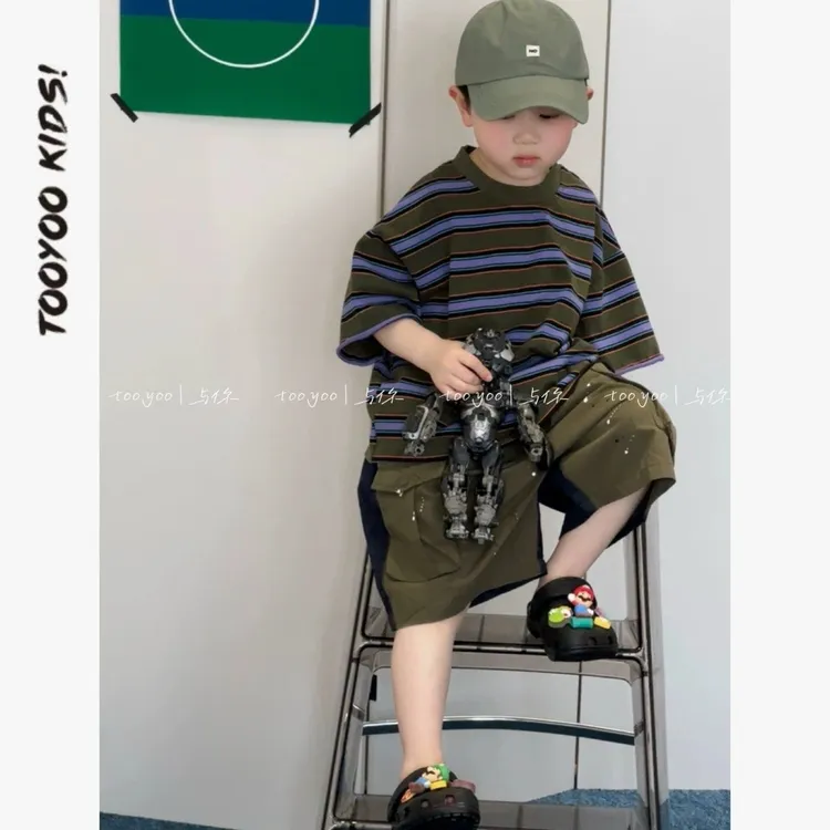 儿童夏季新款套装男女宝宝紫色条纹短袖T恤+百搭牛仔喷漆短裤 BB