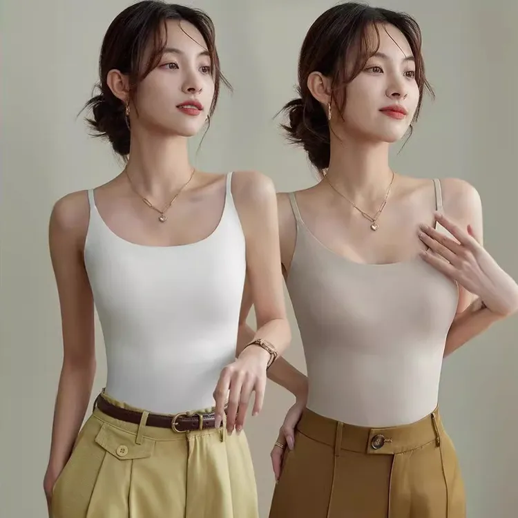 无痕冰丝吊带背心女带胸垫内搭美背加长打底外穿长款好看上衣薄款