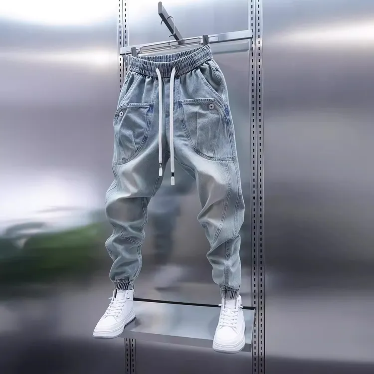 2025春秋季水洗牛仔裤男大口袋束脚哈伦裤浅蓝色痞帅束脚休闲裤