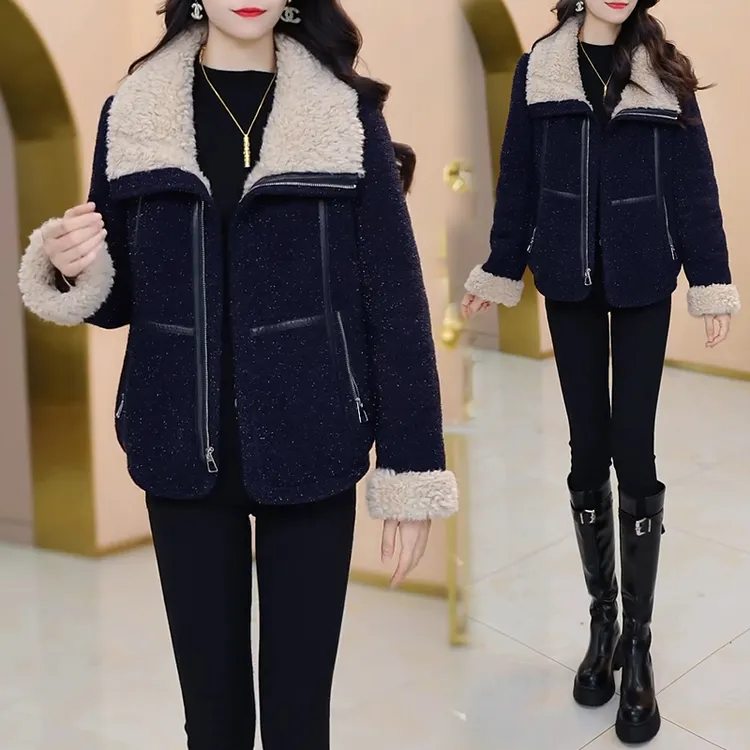 2025时尚藏蓝拼接外套黑色紧身裤羊羔毛领设计秋冬街头风显瘦套装