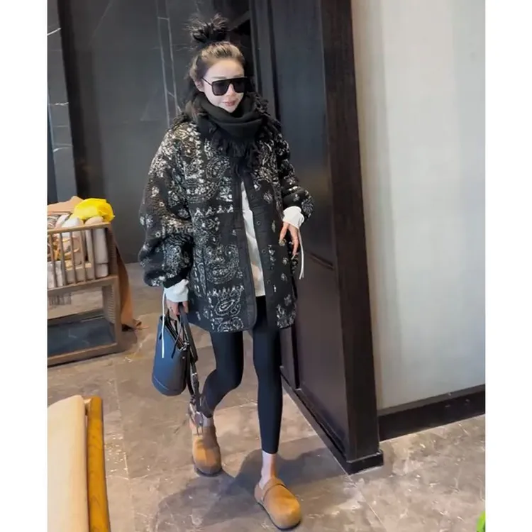 欧洲站2025冬季新款洋气休闲百搭宽松单排扣显瘦中长款颗粒绒外套