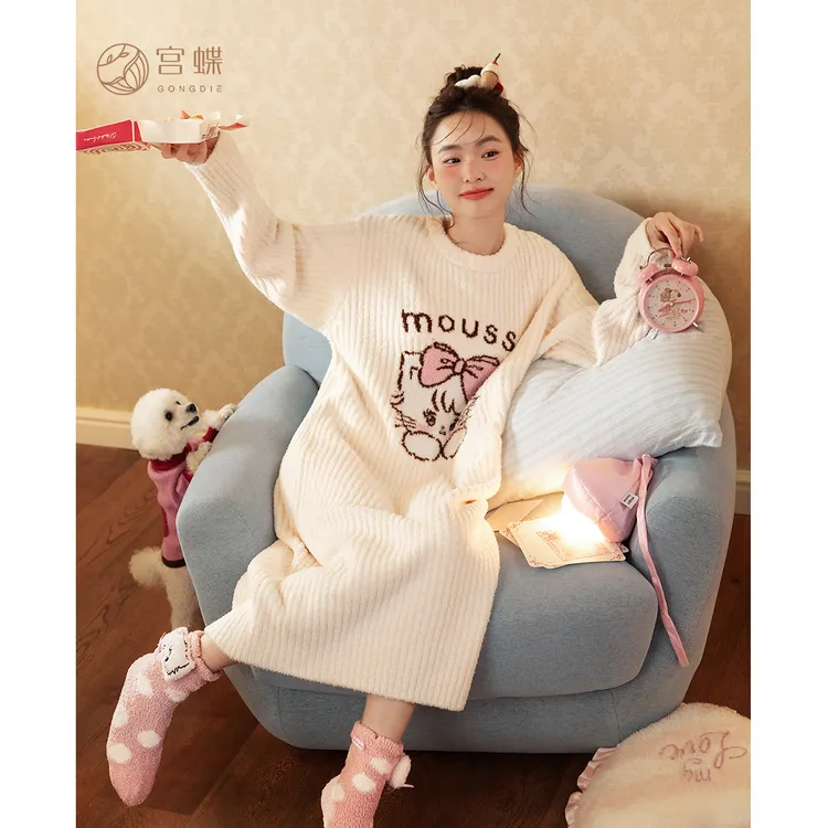 宫蝶【蓄热型】mikko秋冬睡裙女加厚半边绒可爱甜美家居服睡衣女