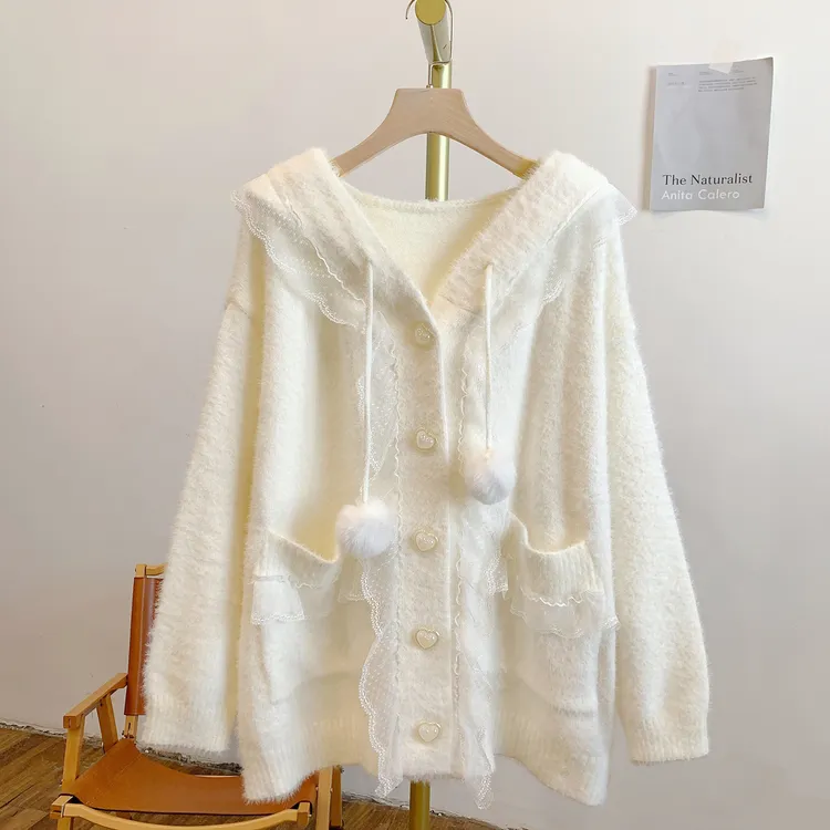白月光C5260蕾丝边爱心扣毛球兔耳朵抽绳连帽针织开衫毛衣