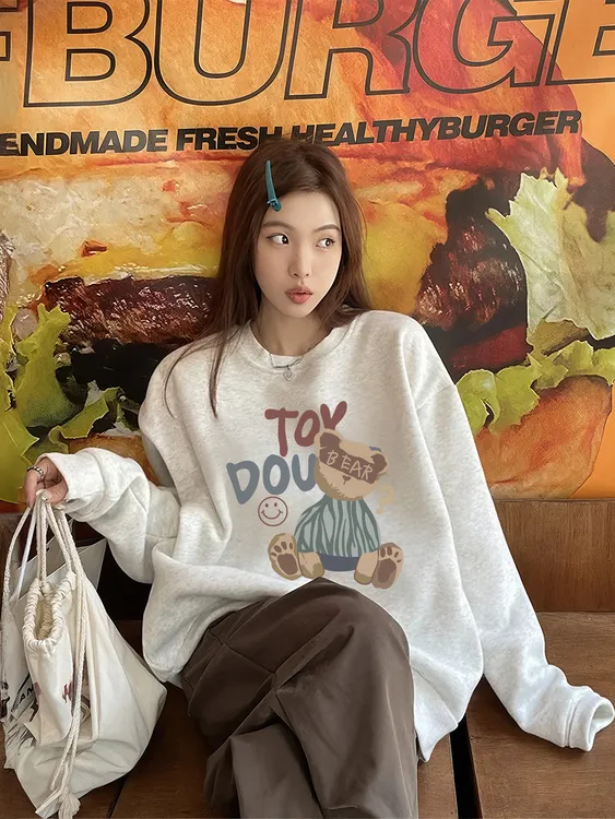 oversize潮流小熊圆领卫衣女秋冬加绒加厚宽松慵懒风大码外套上衣