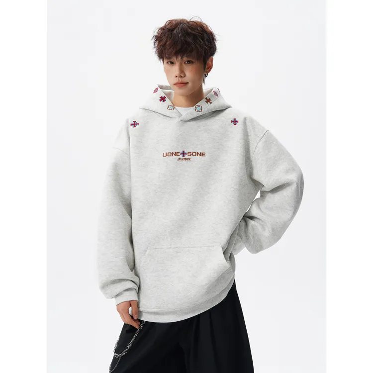 美式设计感民族风刺绣连帽卫衣男秋季高街痞帅小众情侣上衣服