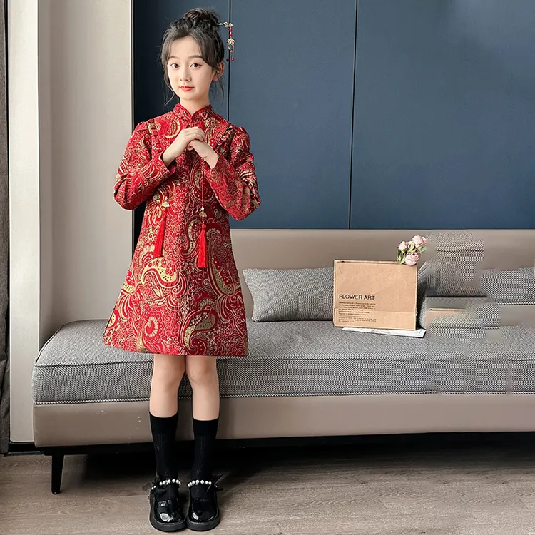 女童中国风新中式改良旗袍儿童红色演出走秀礼服女孩唐装拜年秋冬
