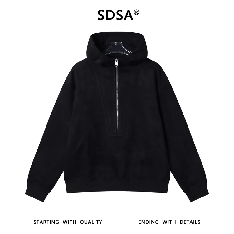SDSA男士秋冬新款痞帅男装潮牌简约纯色半拉链连帽卫衣慵懒风上衣