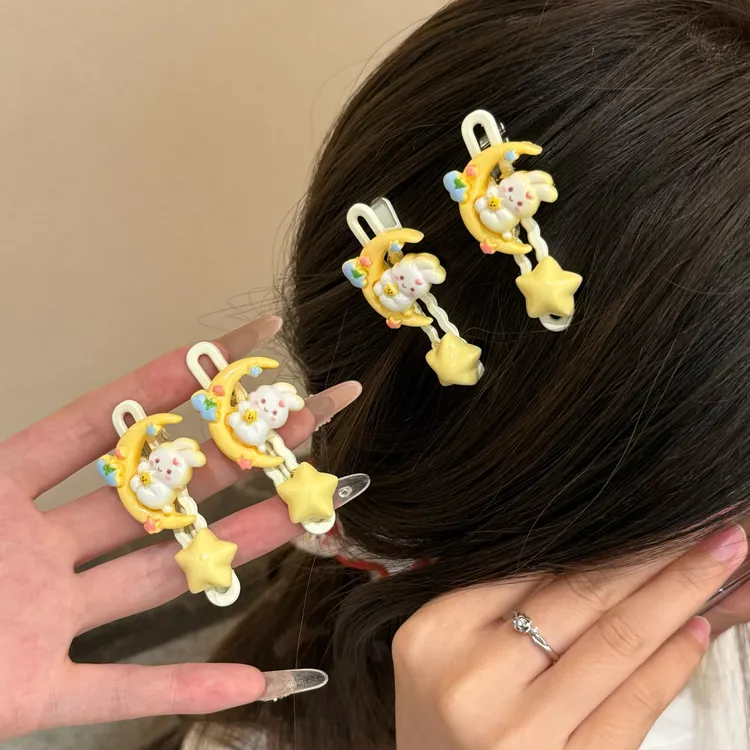 坐在月亮上的兔子发夹甜美可爱星星鸭嘴夹侧边夹少女ins风发饰