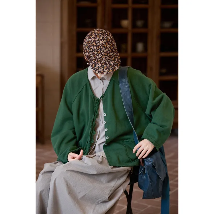 球季新款文艺复古原创沉松绿长绒休闲宽松上衣棉柔润Q弹针织开衫