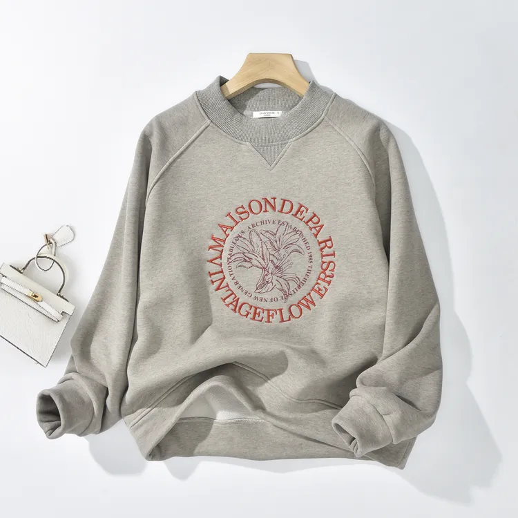 【百合花】冬季新款半高领重工刺绣加绒加厚圆领休闲长袖卫衣355-2