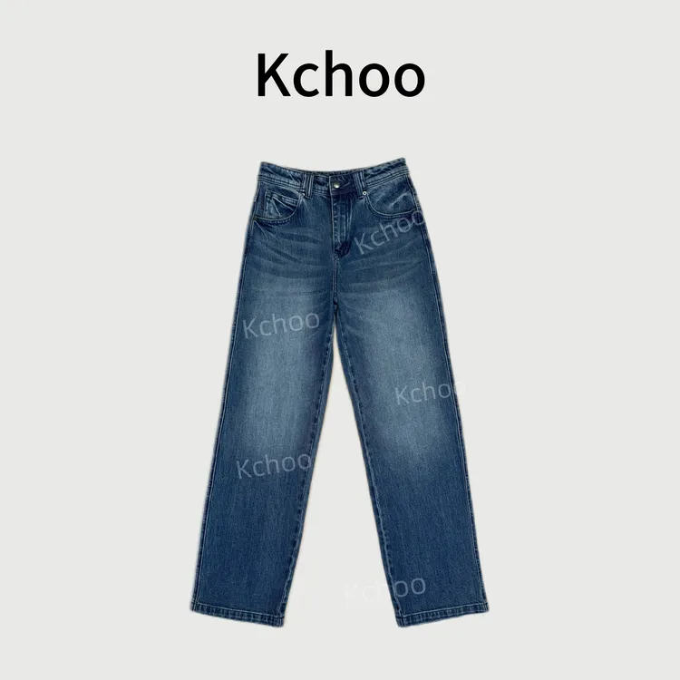 Kchoo'大长腿'窄版中高腰重磅洗水直筒牛仔裤百搭休闲蓝色