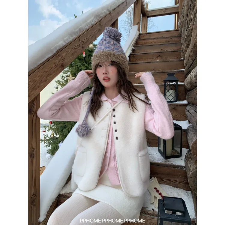 暖冬咩咩 可爱仿皮草毛毛马甲秋冬皮毛一体坎肩送包包