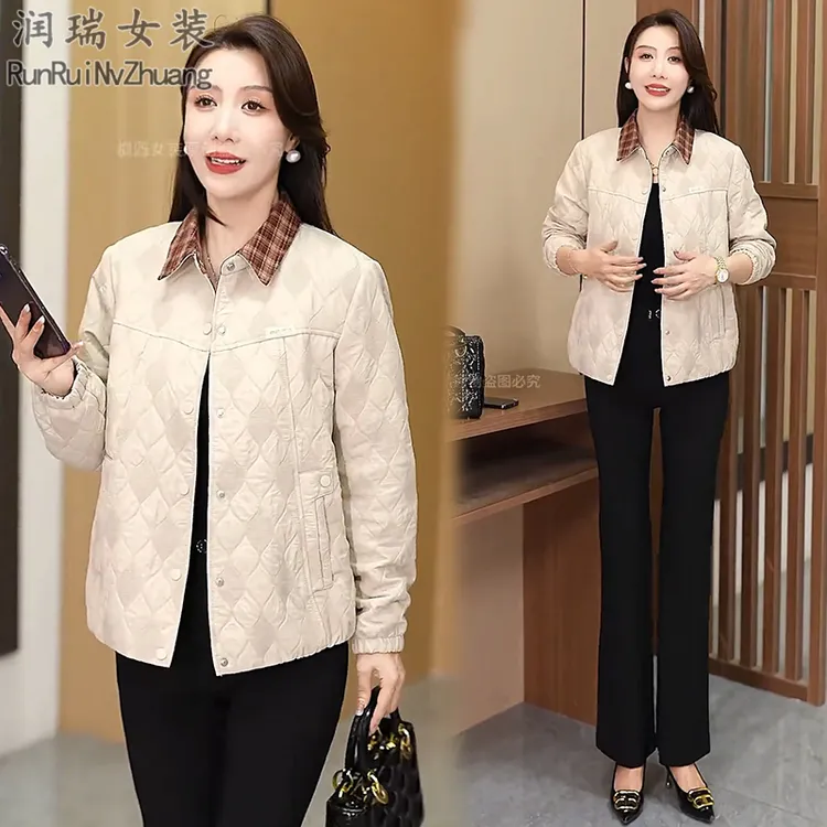 翻领中老年女装格纹短外套女2025秋季新款休闲风洋气知夹克上衣潮