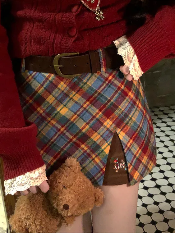 【配腰带】大码胖MM圣诞节彩色格子百褶裙刺绣半身裙女蕾丝内搭开衫