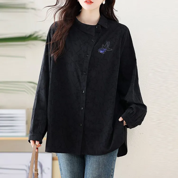 胖mm高档时尚亮片刺绣斜领衬衣女春季新款宽松遮肉通勤衬衫上衣潮
