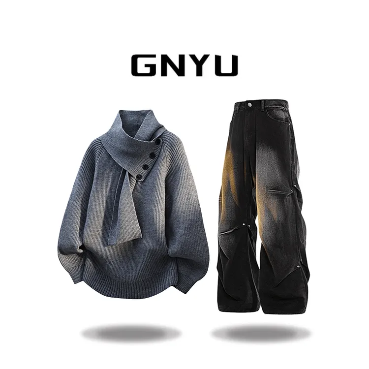 【品牌现货】YN半高领毛衣男秋冬季慵懒风可脱卸围巾针织上衣